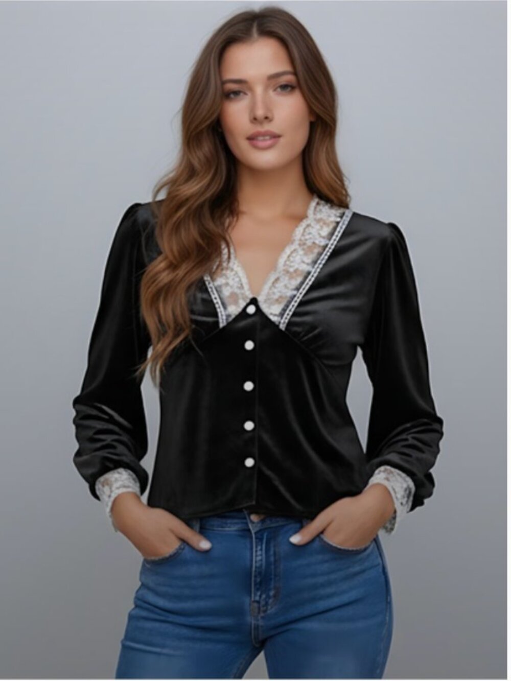 Black Lace Puff Sleeve Velvet Blouse